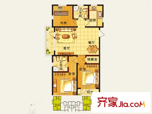 雍翠華苑戶型圖F戶型及位置圖 3室2廳2衛(wèi)1廚