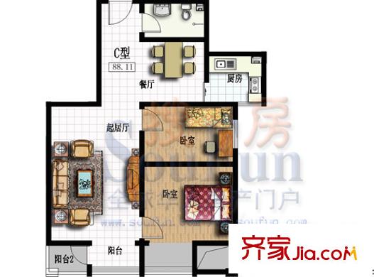 寶達大廈戶型圖D戶型 2室2廳1衛(wèi)1廚