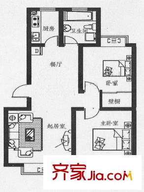 磊鑫陽光美寓戶型圖二居室 2室2廳1衛(wèi)1廚