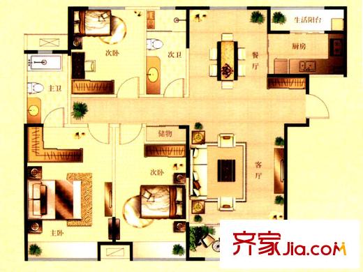 中海清江華府戶型圖D2戶型 3室2廳2衛(wèi)1廚