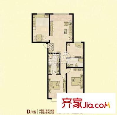 嘉合新興戶型圖1號樓――-D 3室2廳2衛(wèi)1廚