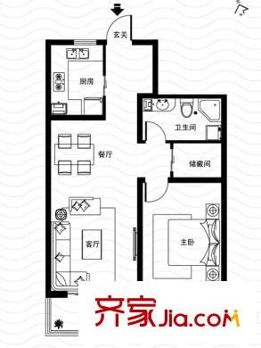 西海景苑2-11號樓K戶型 1室1廳1衛(wèi)1廚