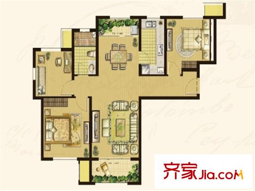 世茂公園美地3-5#、12#、14#A1戶型 3室2廳1衛(wèi)1廚