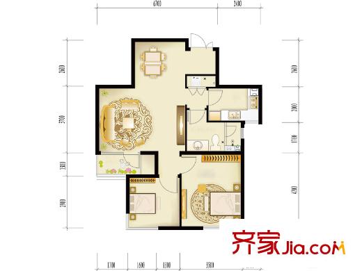 綠城西子公寓戶型圖西子公寓A4戶型 2室2廳1衛(wèi)1廚