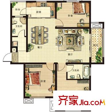 青山綠水戶型圖約125平D戶型 3室2廳2衛(wèi)1廚
