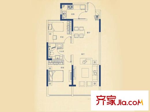海棠里戶型圖1C戶型 2室2廳1衛(wèi)1廚