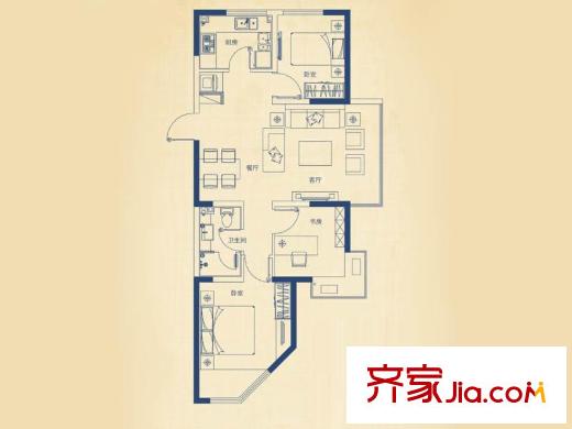 海棠里戶型圖1E戶型 2室2廳1衛(wèi)1廚