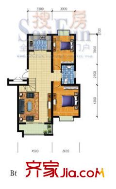 城建陽光山色戶型圖B6樓標(biāo)準(zhǔn)戶型2頂層 2室2廳1衛(wèi)1廚
