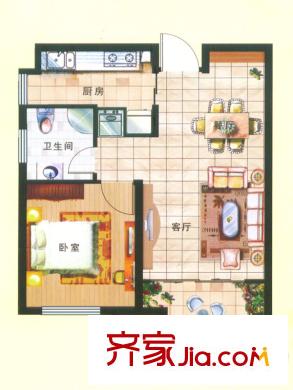 隆海東方華庭1#-11#、13#-29#標準層戶型 1室2廳1衛(wèi)1廚