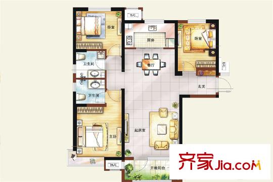 卓越皇后道9#、11#樓標(biāo)準(zhǔn)層?xùn)|、西戶C1戶型 3室2廳2衛(wèi)1廚
