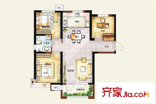 卓越皇后道5#、6#樓標(biāo)準(zhǔn)層中間戶B2戶型圖 3室2廳1衛(wèi)1廚