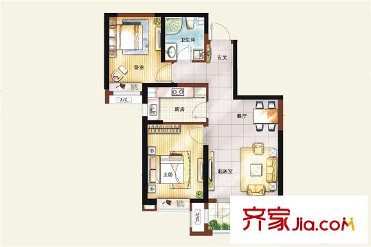 卓越皇后道4#、7-11#標(biāo)準(zhǔn)層中間戶A1戶型圖 2室2廳1衛(wèi)1廚