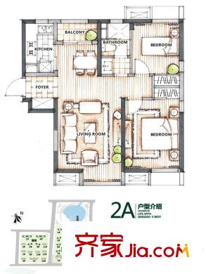 萬科生態(tài)城戶型圖4#、12#、13號樓2A戶型 2室1廳1衛(wèi)1廚