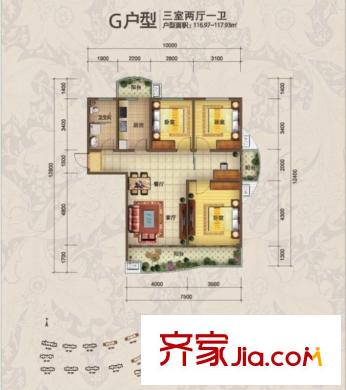 青建依山半島戶型圖一期1、2號(hào)樓標(biāo)準(zhǔn)層G戶型 3室2廳1衛(wèi)1廚