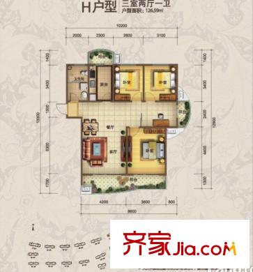青建依山半島戶型圖一期1、2號(hào)樓標(biāo)準(zhǔn)層H戶型 3室2廳1衛(wèi)1廚