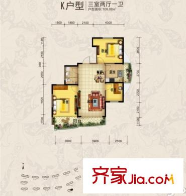 青建依山半島戶型圖一期1、2號(hào)樓標(biāo)準(zhǔn)層K戶型 3室2廳1衛(wèi)1廚
