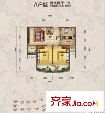 青建依山半島戶型圖一期1、2號(hào)樓標(biāo)準(zhǔn)層A戶型 2室2廳1衛(wèi)1廚