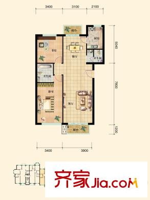 青島印象金沙灘洋房25號(hào)樓A戶型 2室2廳2衛(wèi)1廚