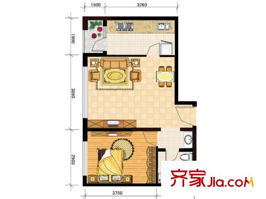 康大鳳凰國際戶型圖標(biāo)準(zhǔn)層J戶型 1室2廳1衛(wèi)