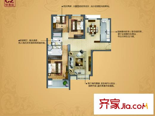 即墨寶龍城市廣場2、3、6號樓C2戶型 3室2廳2衛(wèi)1廚