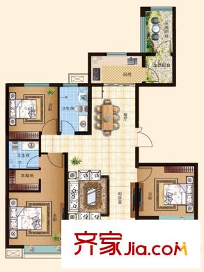 逸景公館1#樓B1-01戶型 3室2廳2衛(wèi)1廚