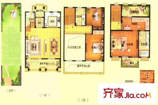 銀盛泰浪琴海4#-13#聯(lián)排別墅B2戶型 3室3廳3衛(wèi)1廚