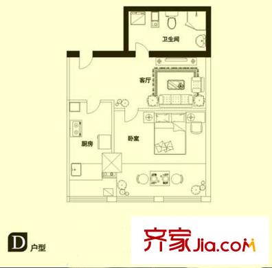 首座國(guó)際公寓戶型圖二期D戶型 1室1廳1衛(wèi)1廚