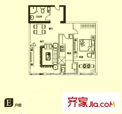 首座國(guó)際公寓戶型圖二期E戶型 1室1廳1衛(wèi)1廚