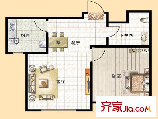 云龍港灣一期11號樓標(biāo)準(zhǔn)層A戶型 1室2廳1衛(wèi)1廚
