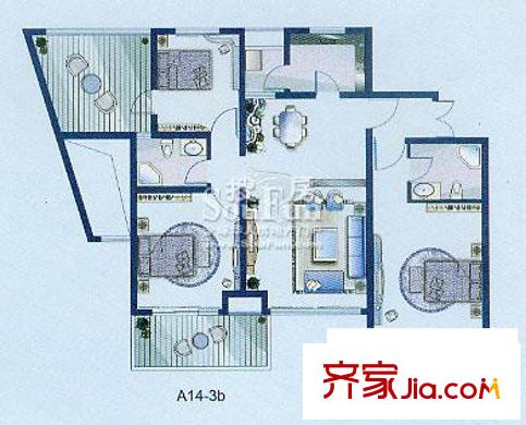 威尼斯水城三期戶型圖A14-2A14-3b戶型 3室2廳2衛(wèi)1廚