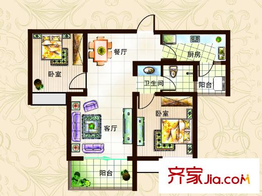 正商明鉆戶型圖三期2#、5#、6#浪漫之家戶型 2室2廳1衛(wèi)1廚