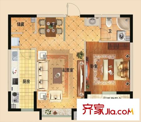 大成公館戶型圖一期1號樓B戶型 1室2廳1衛(wèi)1廚