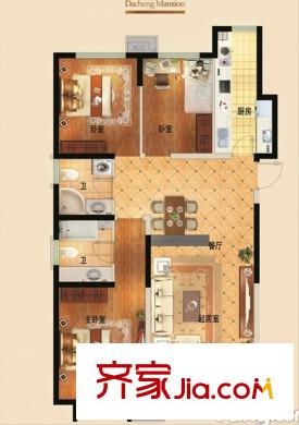 大成公館戶型圖一期1號樓A戶型 3室2廳2衛(wèi)1廚