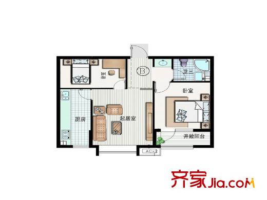 大成公館戶型圖B戶型 2室1廳1衛(wèi)1廚