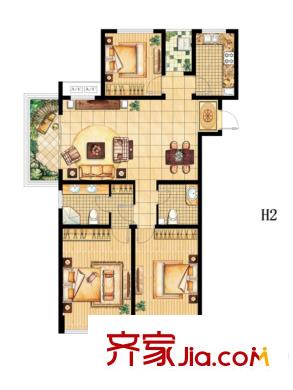陽光水世界五期B組團公寓H2戶型 三室兩廳兩衛(wèi)一廚 3室2廳2衛(wèi)1廚