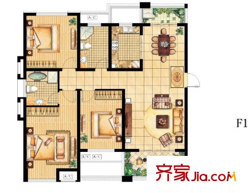 陽光水世界五期B組團公寓F1戶型 三室兩廳兩衛(wèi)一廚 3室2廳2衛(wèi)1廚