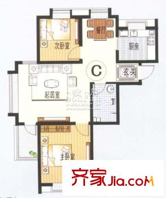 新僑花園戶型圖C戶型 2室2廳1衛(wèi)1廚