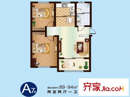 江山麗城一期7號(hào)樓A戶型 2室2廳1衛(wèi)1廚
