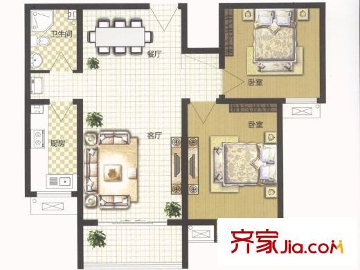 昆泉星港戶型圖A棟F戶型圖 2室2廳1衛(wèi)1廚