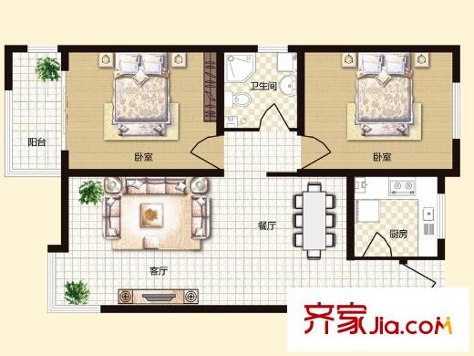 昆泉星港戶型圖D棟A戶型 2室2廳1衛(wèi)1廚