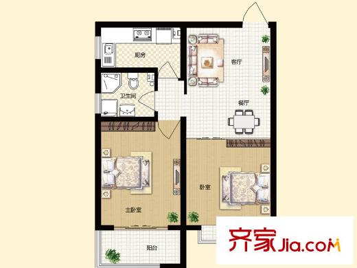 昆泉星港戶型圖D棟C戶型 2室2廳1衛(wèi)1廚
