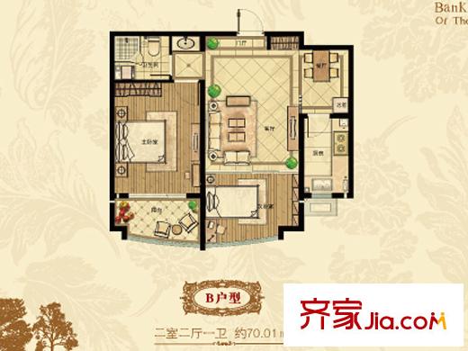 映月公館戶型圖B戶型 2室2廳1衛(wèi)1廚
