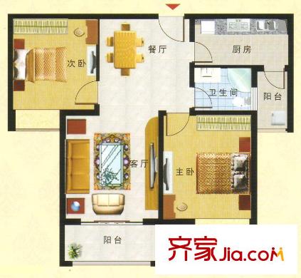 和興東城三期3、4#樓F戶型 2室2廳1衛(wèi)1廚