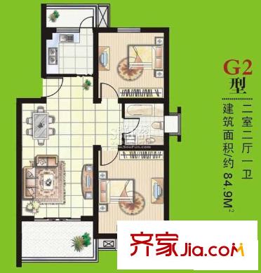 浦園一期 2#、4# G2戶型（已售完） 2室2廳1衛(wèi)1廚
