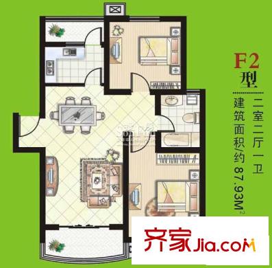浦園一期 2#、4# F2戶型（已售完） 2室2廳1衛(wèi)1廚