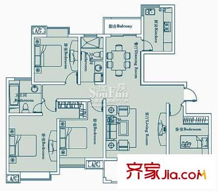 自由都市 戶型圖A2 4室2廳2衛(wèi) 148.00平方米