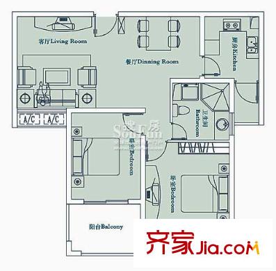 自由都市 戶型圖B2 2室2廳1衛(wèi) 91.00平方米