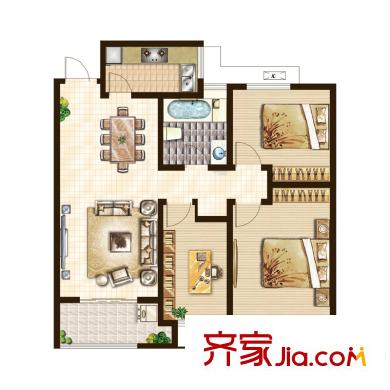 建滔裕景園C戶型110平方米 3室2廳1衛(wèi)1廚