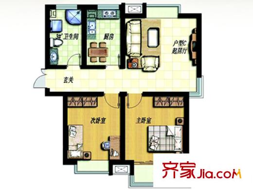 金沙花園高層1號(hào)樓標(biāo)準(zhǔn)層C戶型 2室1廳1衛(wèi)1廚