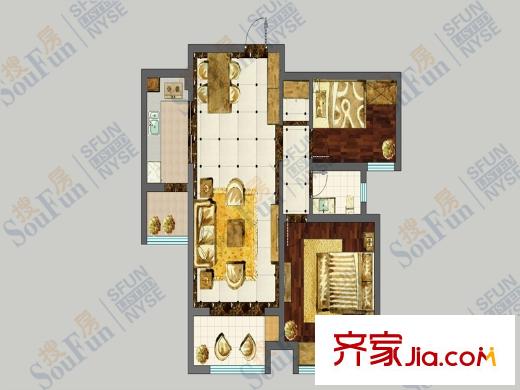 安僑東城國(guó)際主推戶型圖 2室2廳1衛(wèi)1廚